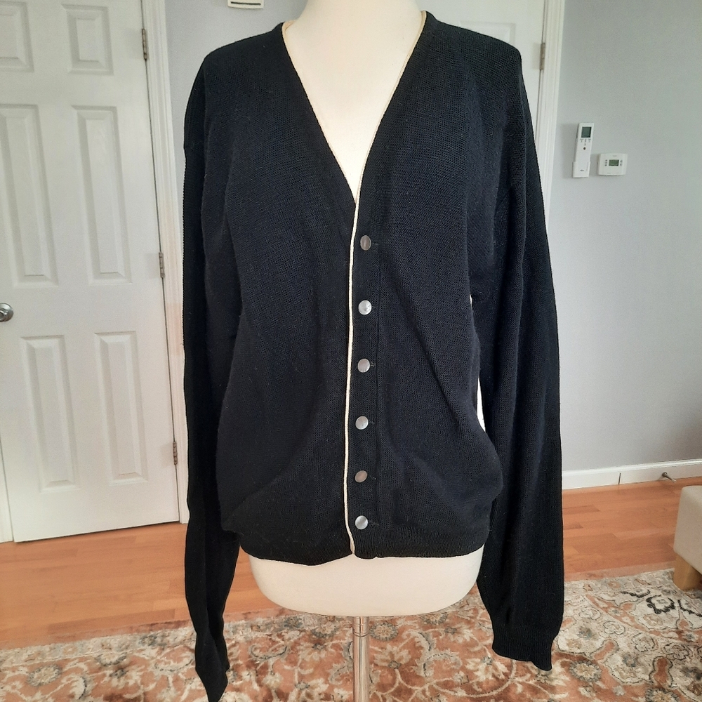 Black wool cardigan with cream trim